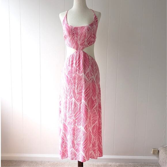 Lovers + Friends Makena Fuchsia Leaf Print Midi Sleeveless Dress, size L - Picture 2 of 11